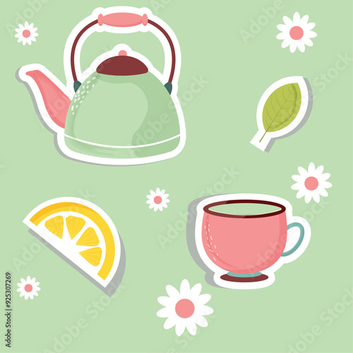 green tea themed set of stickers