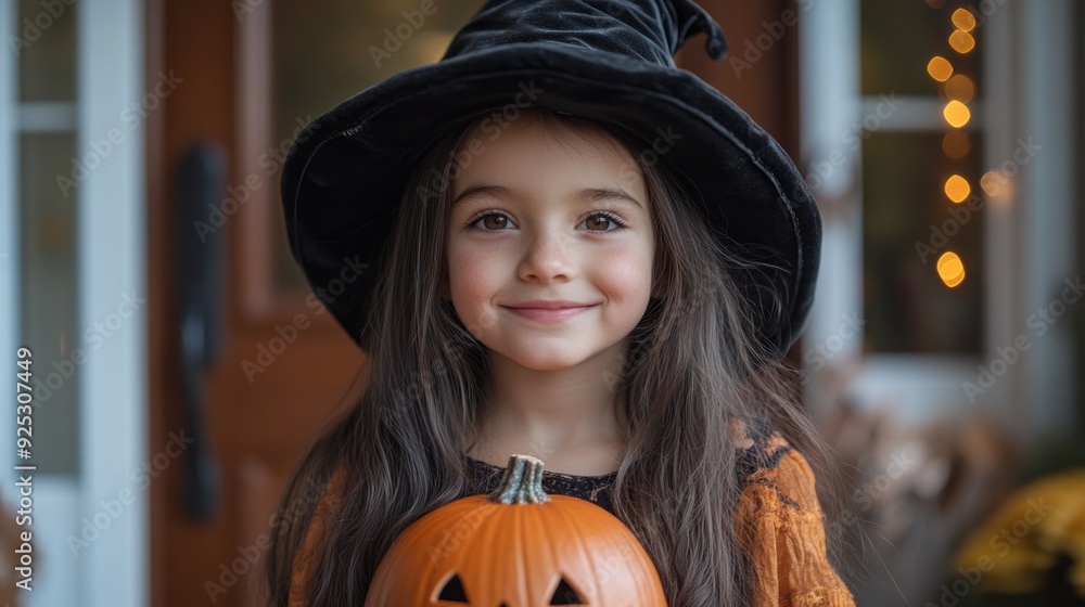 A cheerful young girl wearing a witch hat poses with a jack-o'-lantern, radiating excitement on a crisp fall night A cheerful young girl wearing a witch hat poses with a jack-o'-lantern, radiating excitement on a crisp fall night