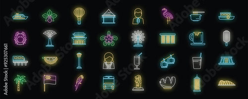 Vibrant neon icons representing singapore's diverse culture, iconic landmarks, and modern lifestyle
