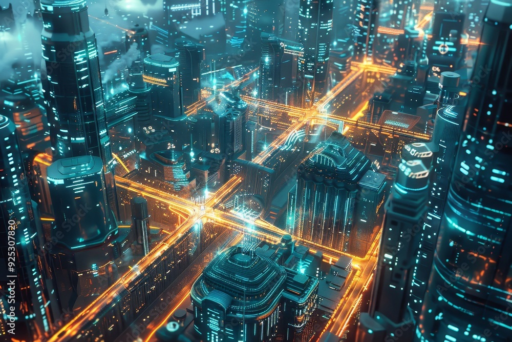 Aerial View of City at Night, Render a futuristic cityscape with interconnected devices and data streams securing the digital infrastructure Aerial View of City at Night, Render a futuristic cityscape with interconnected devices and data streams securing the digital infrastructure