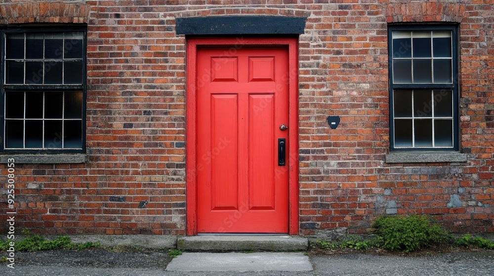 Create 5 prompts for stock photos related to A red door with a black handle sits in front of a brick building with 100-200 characters and ending with