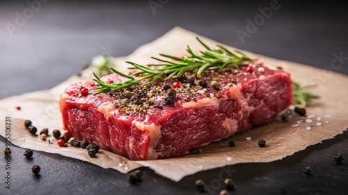 Create 5 prompts for stock photos related to A slab of meat with herbs and spices on top with 100-200 characters and ending with photo