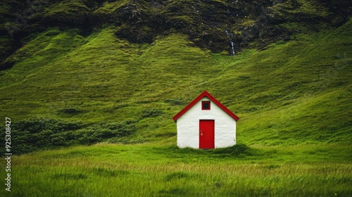 Create 5 prompts for stock photos related to A small house with a red door sits on a grassy hillside with 100-200 characters and ending with