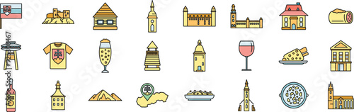 This set of icons shows different aspects of slovakian culture, including traditional food, drinks, architecture, and clothing