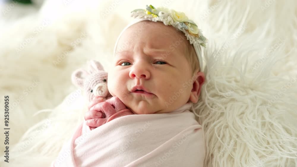 Newborn Baby Girl Cutely Wrapped In A Swaddle With A Knitted Toy Newborn Baby Girl Cutely Wrapped In A Swaddle With A Knitted Toy