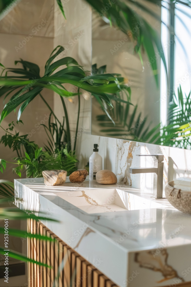 Bright and airy bathroom interior with a sink and indoor plants, natural light streaming through the window, creating a peaceful and refreshing atmosphere in a modern, eco-friendly space Bright and airy bathroom interior with a sink and indoor plants, natural light streaming through the window, creating a peaceful and refreshing atmosphere in a modern, eco-friendly space