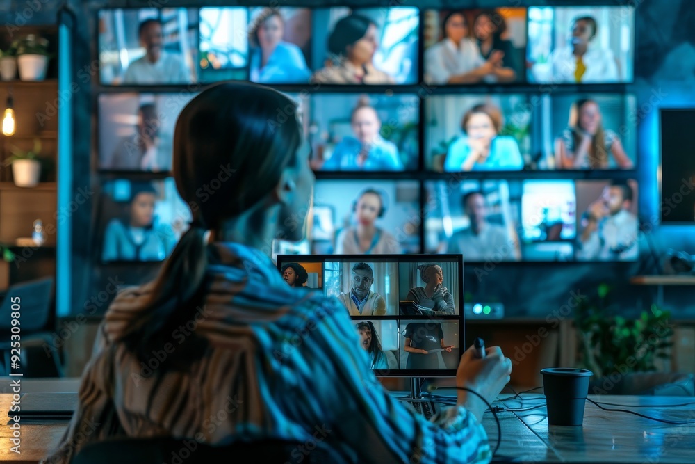 A woman seated at a table in front of a television, Representation of people in different locations communicating through video conferencing A woman seated at a table in front of a television, Representation of people in different locations communicating through video conferencing