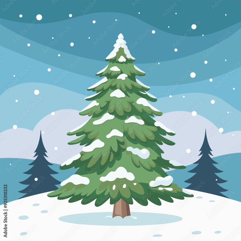 Obraz premium Winter landscape, snow-covered spruce tree in winter forest. Holiday illustration in flat style