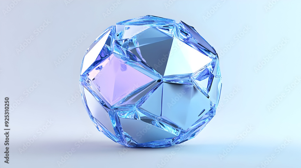 A geometric crystal sphere with a reflective surface and sharp facets. A geometric crystal sphere with a reflective surface and sharp facets.