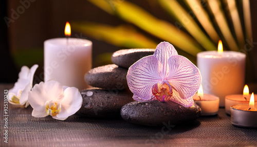  spa and burning candles and orchid, black stone