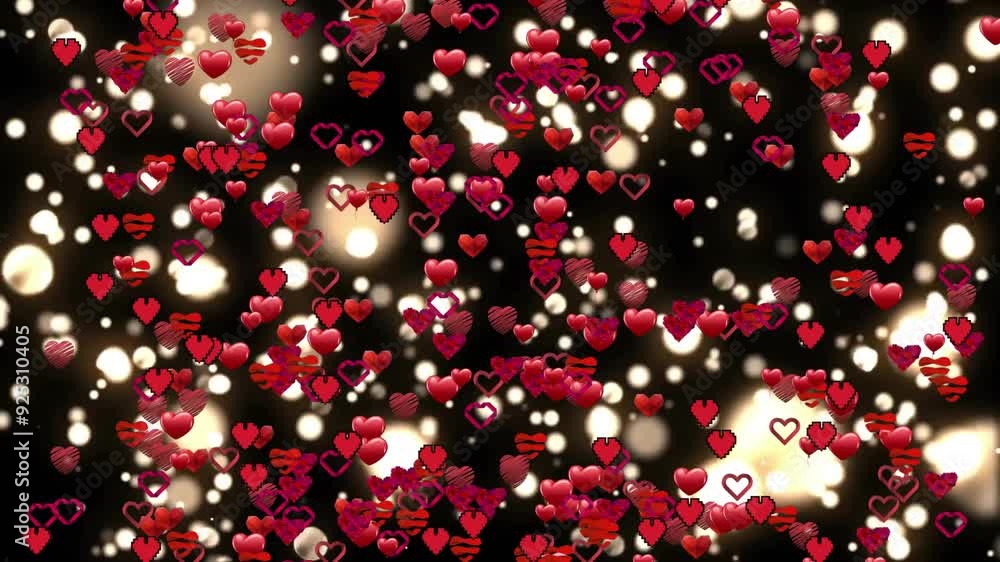 Glowing lights and red hearts animation over dark background Glowing lights and red hearts animation over dark background