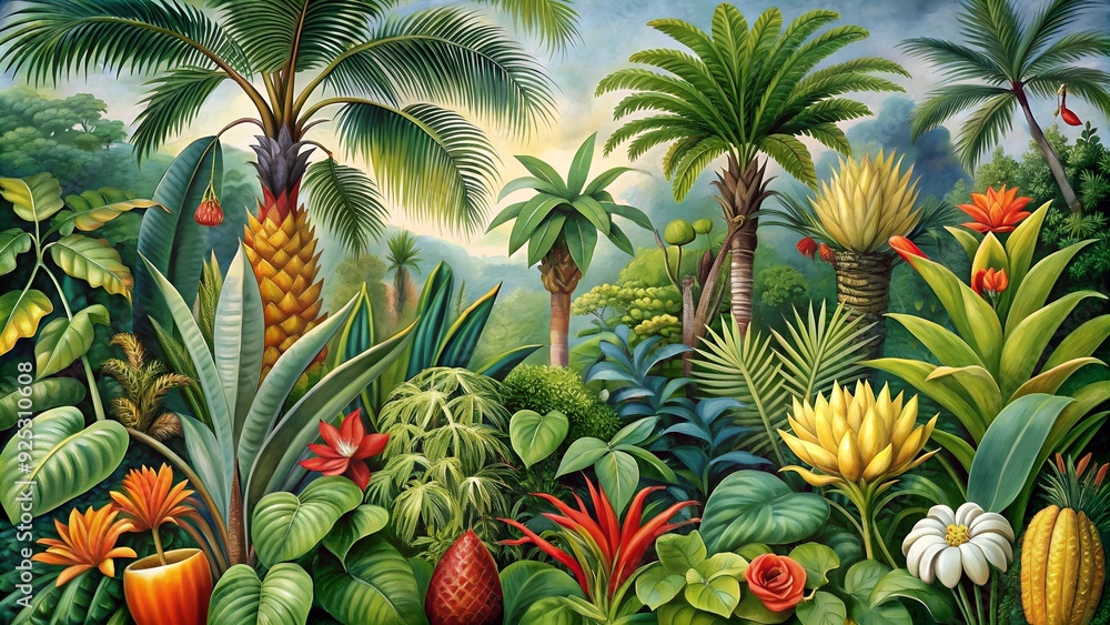 Obraz premium A botanical illustration of rare and exotic plants from a tropical rainforest
