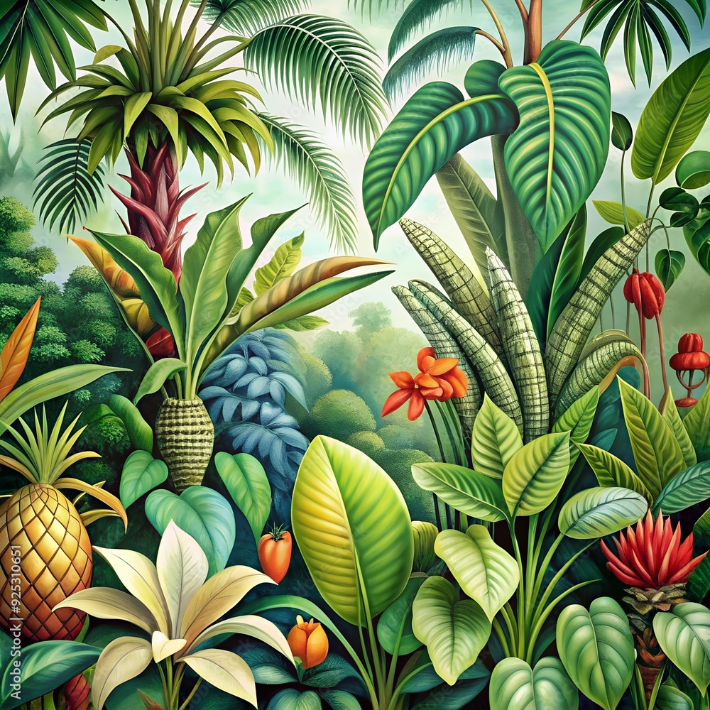 Obraz premium A botanical illustration of rare and exotic plants from a tropical rainforest