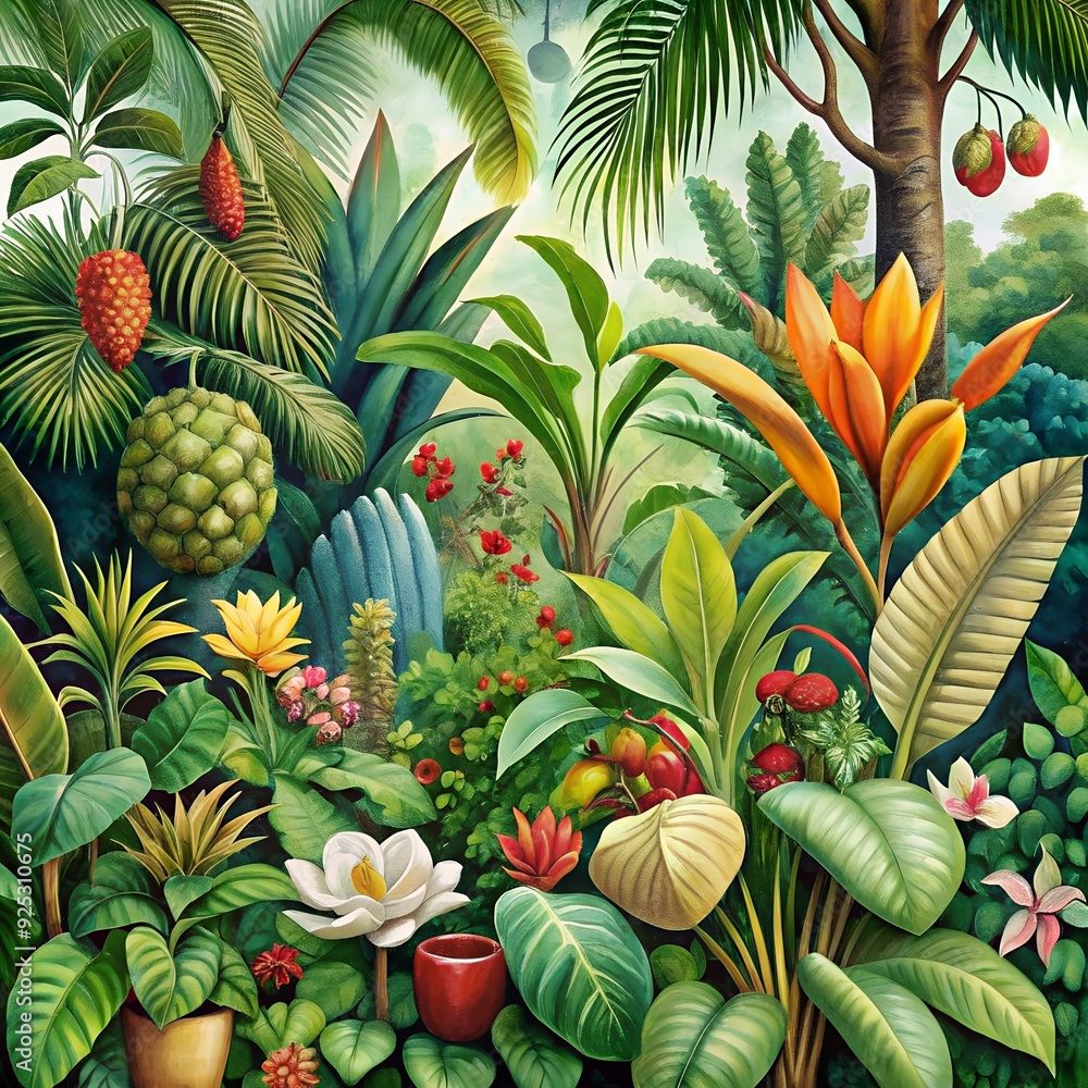 Fototapeta premium A botanical illustration of rare and exotic plants from a tropical rainforest