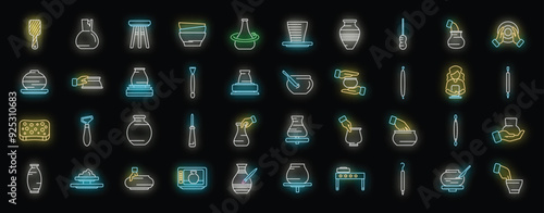 Collection of colorful neon icons representing various aspects of pottery making, from shaping clay to firing kilns