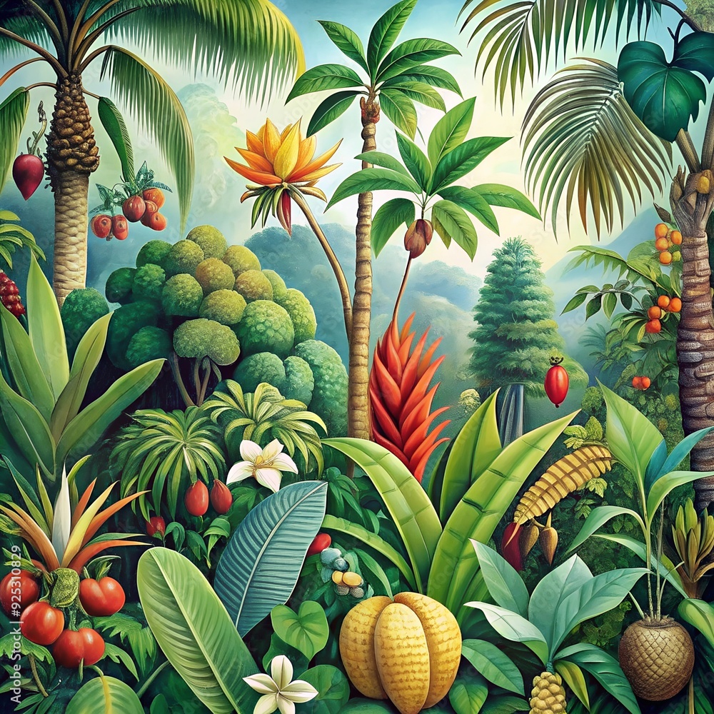 Fototapeta premium A botanical illustration of rare and exotic plants from a tropical rainforest
