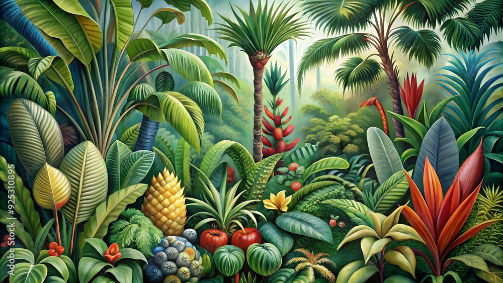 A botanical illustration of rare and exotic plants from a tropical rainforest A botanical illustration of rare and exotic plants from a tropical rainforest