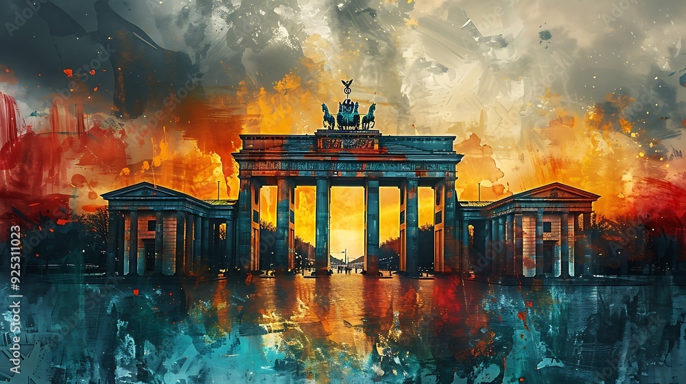 Obraz premium Large German flag, black, red, and gold colors flowing gracefully in watercolor, with a soft background that subtly suggests the Brandenburg Gate, calm and historical. --ar 16:9 --v 6.0