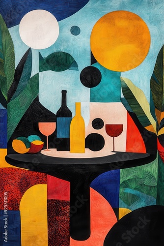 Wallpaper Mural Vibrant abstract composition with wine, fruit, and geometric shapes in a tropical setting Torontodigital.ca