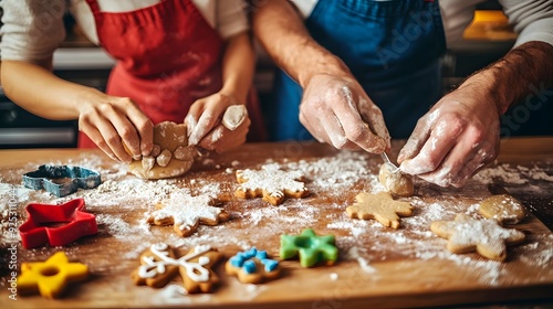 Photograph of woman and man making cookies together in the kitchen, hands close-up with aprons on wooden boards for dough and colorful cutters on table, warm white lighting, close up, kitchen