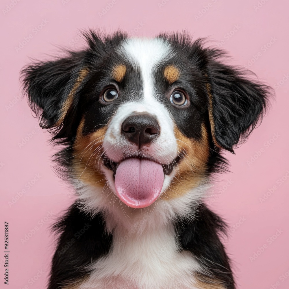 Funny and hungry Australian Shepherd licking his lips with his tongue on pink pastel background. Funny and hungry Australian Shepherd licking his lips with his tongue on pink pastel background.