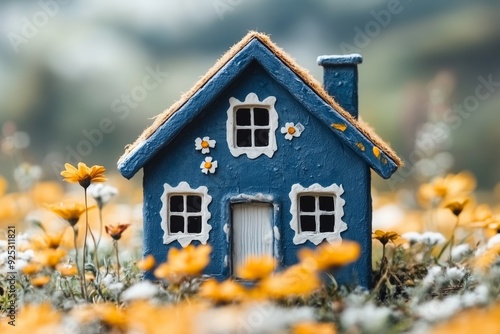 Blue miniature house surrounded by vibrant flowers on a sunny day