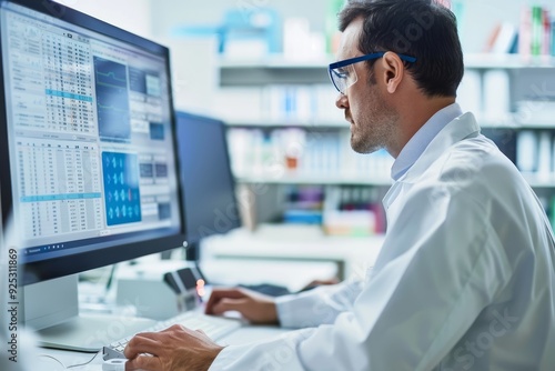 Wallpaper Mural A man in a lab coat studying data on a computer screen, Reviewing test results on a computer screen Torontodigital.ca
