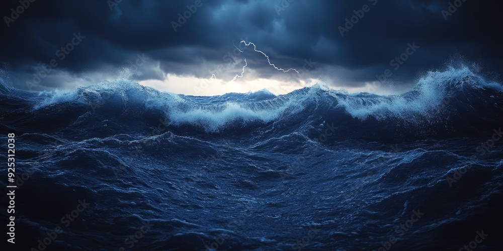 Fototapeta premium A stormy sea with dark clouds and a lightning strike