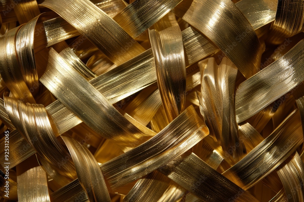 Detailed view of tightly woven gold foil ribbons creating a shimmering texture, Ribbons of gold woven together in a tight weave Detailed view of tightly woven gold foil ribbons creating a shimmering texture, Ribbons of gold woven together in a tight weave
