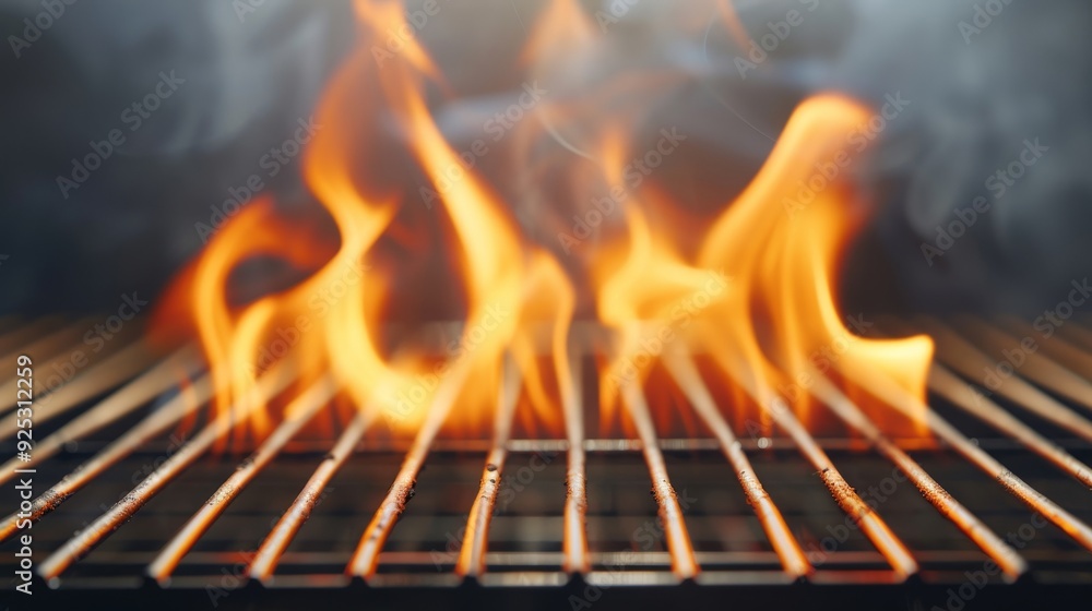 A close up of a grill with a lot of fire and smoke coming from it A close up of a grill with a lot of fire and smoke coming from it