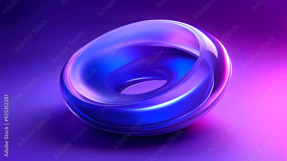 A glossy, abstract toroidal shape with vibrant purple and blue lighting effects. A glossy, abstract toroidal shape with vibrant purple and blue lighting effects.