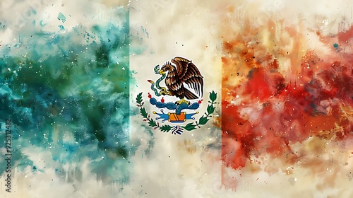 Mexican flag with vivid green, white, and red colors, and the eagle emblem prominently displayed, flowing smoothly in watercolor, set against a light background with faint outlines of Mayan pyramids, photo