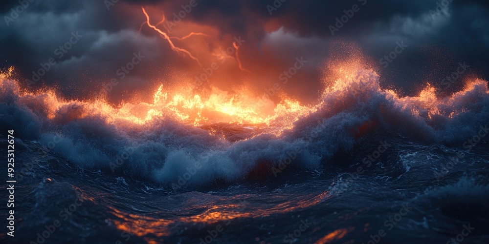 Fiery Waves Crashing Under a Stormy Sky Fiery Waves Crashing Under a Stormy Sky