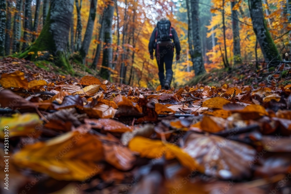 Fototapeta premium A man walking through a forest filled with lots of leaves on the ground, Ridding the forest floor of fallen leaves and debris
