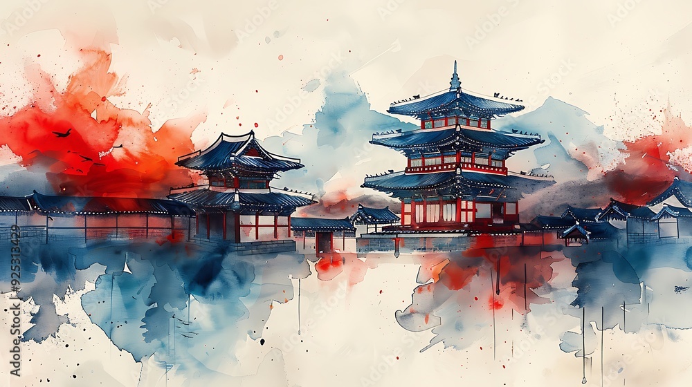 Obraz premium South Korean flag with vivid red, blue, and black colors, flowing smoothly in watercolor, set against a light background with faint outlines of traditional Korean rooftops, peaceful and cultural.