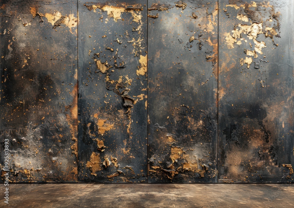 A close-up of a weathered metal wall with gold flakes A close-up of a weathered metal wall with gold flakes