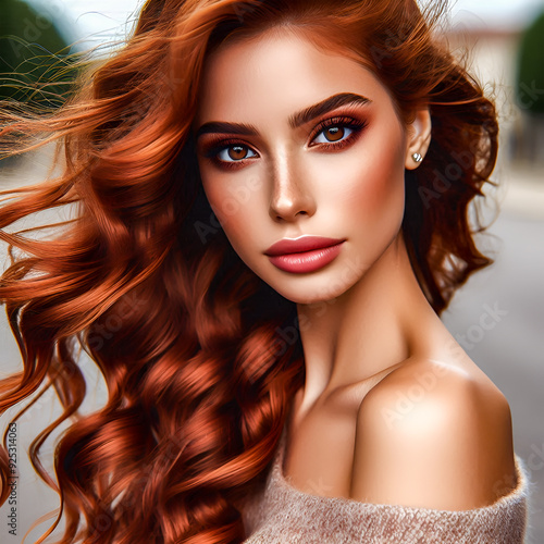 Portrait of a Beautiful woman, wind in long curly auburn red hair, brown eyes