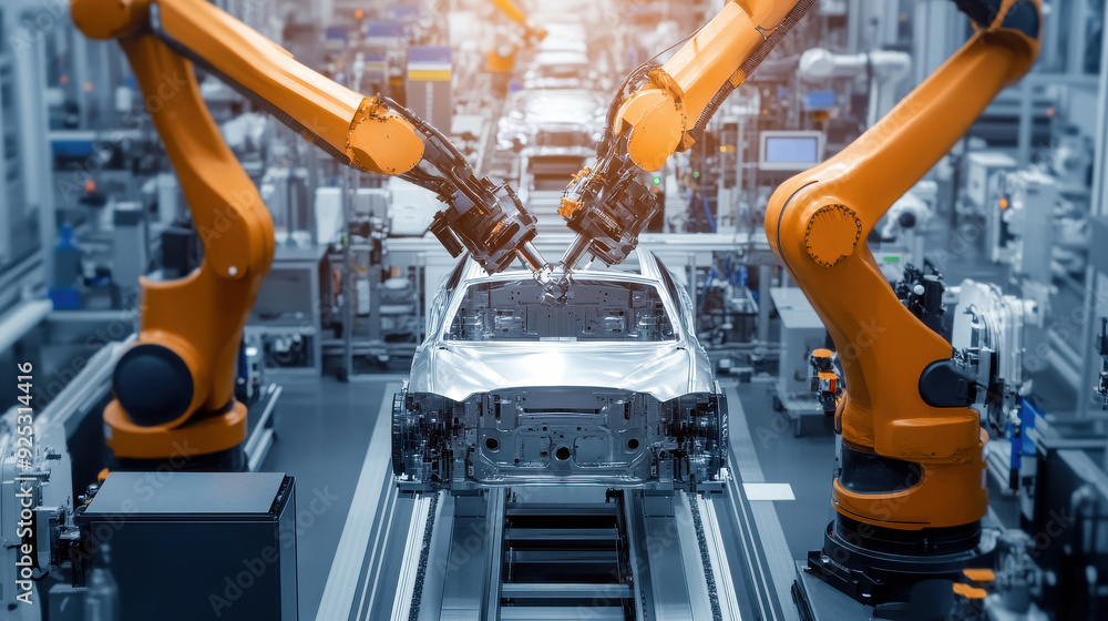 Robotic arms assembling car parts on a production line in a modern factory Robotic arms assembling car parts on a production line in a modern factory