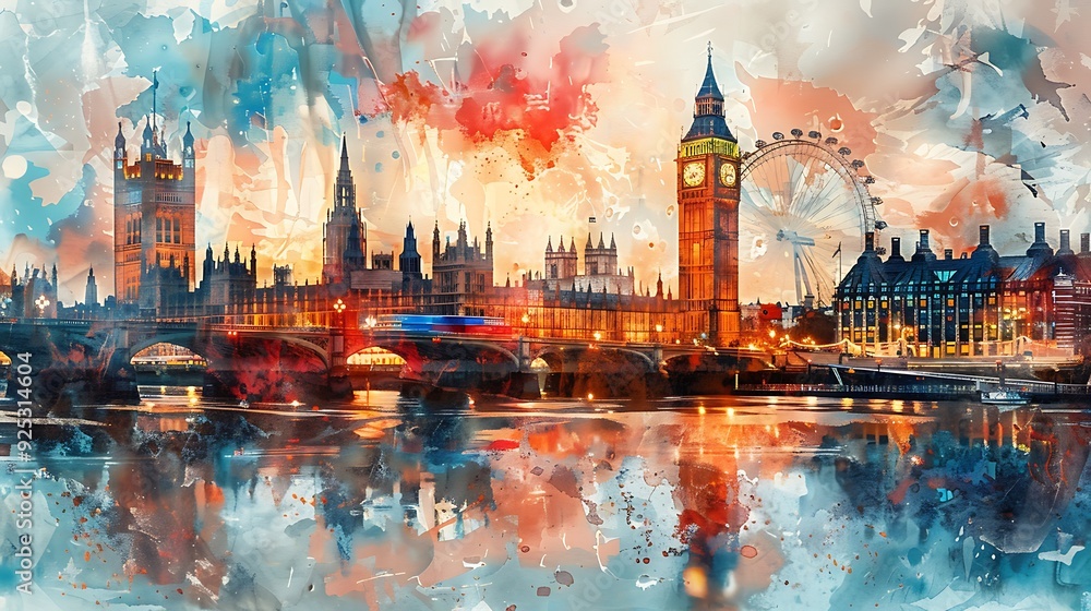 Obraz premium Union Jack flag with its bold colors, waving energetically in the breeze, watercolor style, against a light background subtly featuring the London skyline,