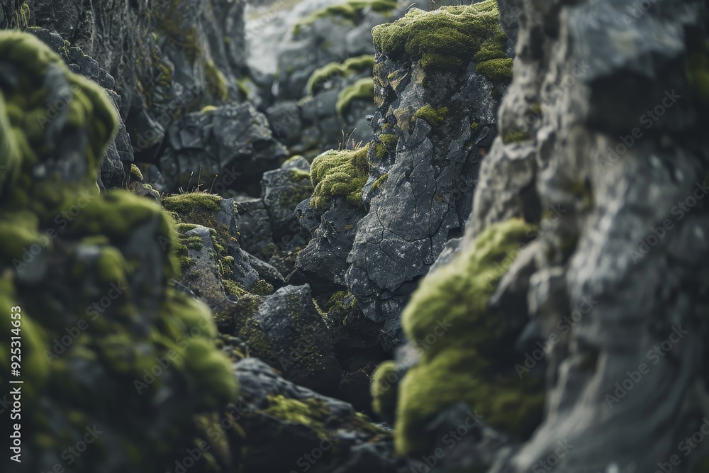 Moss covering rocky terrain on a mountain surface, Rocky terrain with uneven surfaces and moss growing in crevices Moss covering rocky terrain on a mountain surface, Rocky terrain with uneven surfaces and moss growing in crevices