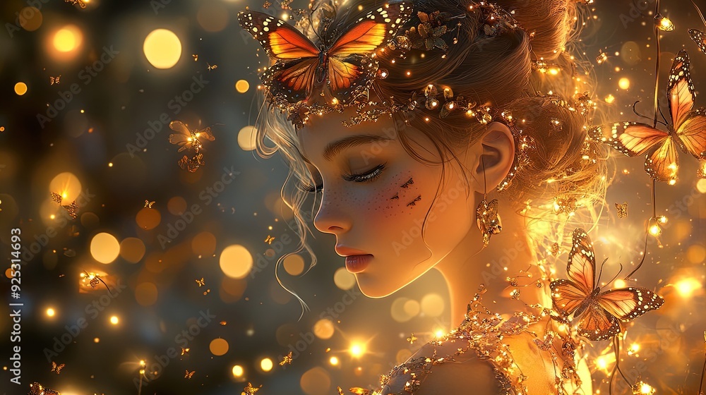 Fototapeta premium Elegant Charmer: A Poster Featuring a Graceful Woman in a Butterfly Dress Surrounded by Twinkling Fairy Lights – Perfect for Cozy Home Decor or Inspirational Sports Interiors!
