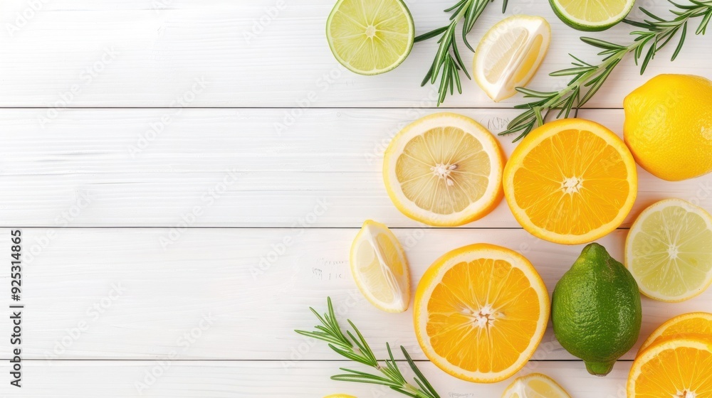 Fresh citrus fruits with rosemary on a white wooden background. Sliced lemon, lime, and orange offering a refreshing and healthy look. Fresh citrus fruits with rosemary on a white wooden background. Sliced lemon, lime, and orange offering a refreshing and healthy look.