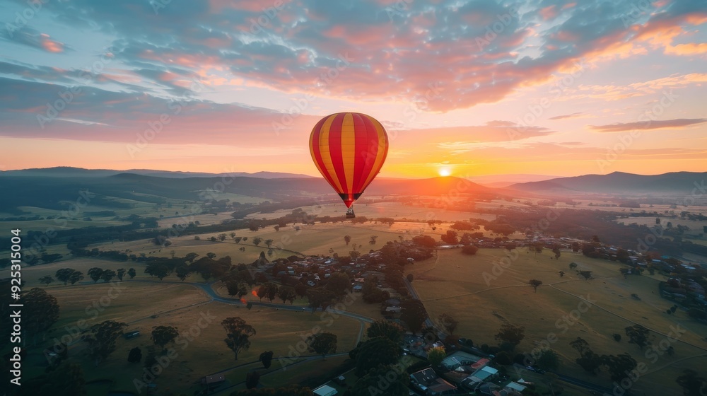 Fototapeta premium Hot Air Balloon Soaring Over Rural Landscape at Sunrise