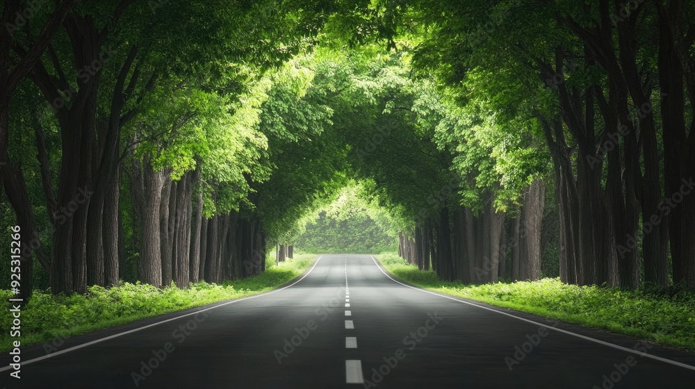 Obraz premium asphalt highway road and tree tunnel background. concept of car sale, auto, automobile, automotive empty space, shop or store.