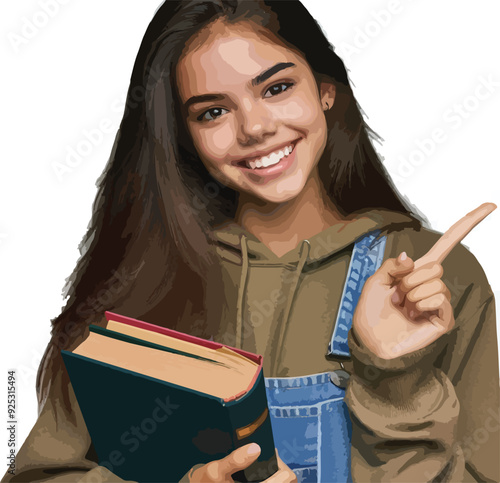 Print  Smiling young female student holding a book and pointing at something, isolated on transparent background