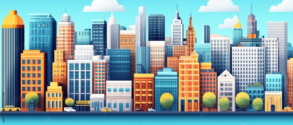 Vibrant pixelated city skyline with blocky buildings and bright colors in a minimalist style Vibrant pixelated city skyline with blocky buildings and bright colors in a minimalist style