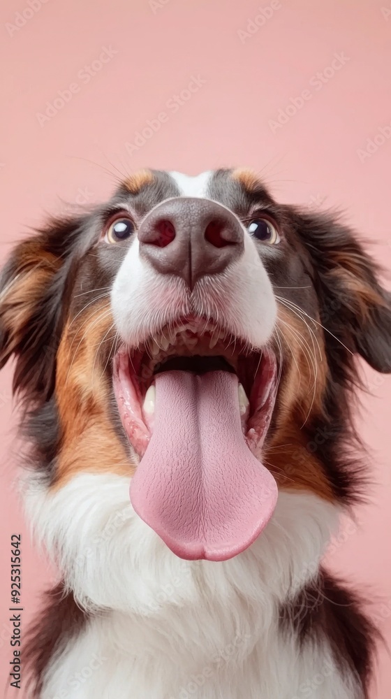 Fototapeta premium Funny and hungry Australian Shepherd licking his lips with his tongue on pink pastel background.