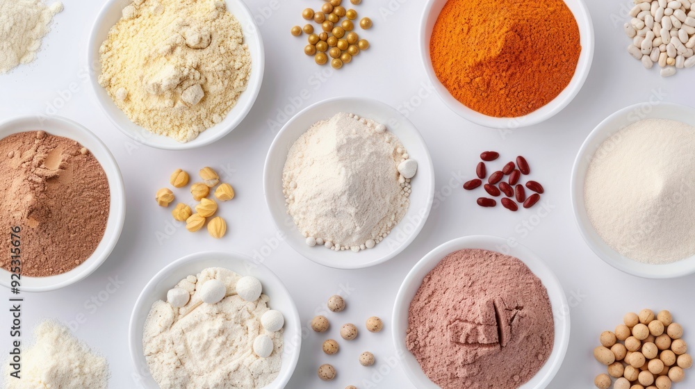 Various bowls of different flours and grains, showcasing diverse ingredients used in cooking and baking on a white background. Various bowls of different flours and grains, showcasing diverse ingredients used in cooking and baking on a white background.