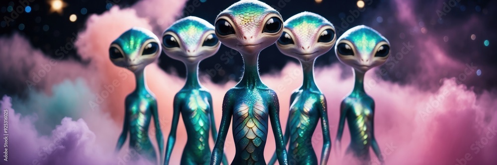 Naklejka premium aliens with large eyes and slender bodies standing together against a cosmic background. Copy space template web site banner