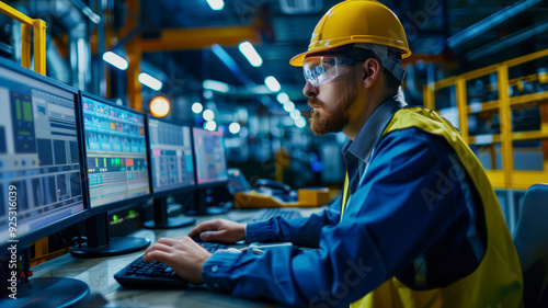 Engineer analyzing data on multiple screens in a control room